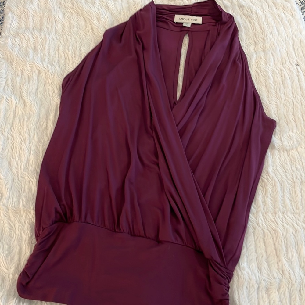 Amour Vert Sleeveless Wrap-Style Blouse in Deep Plum